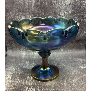 Indiana Carnival Glass Pedestal Bowl Compote Tear Drop Garland  Iridescent Blue